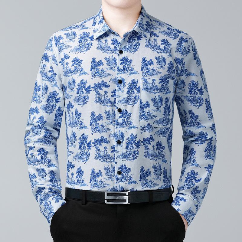 Spring & Autumn Men's Plus Size Printed Cotton Linen Shirt - Business Casual, Long Sleeve.