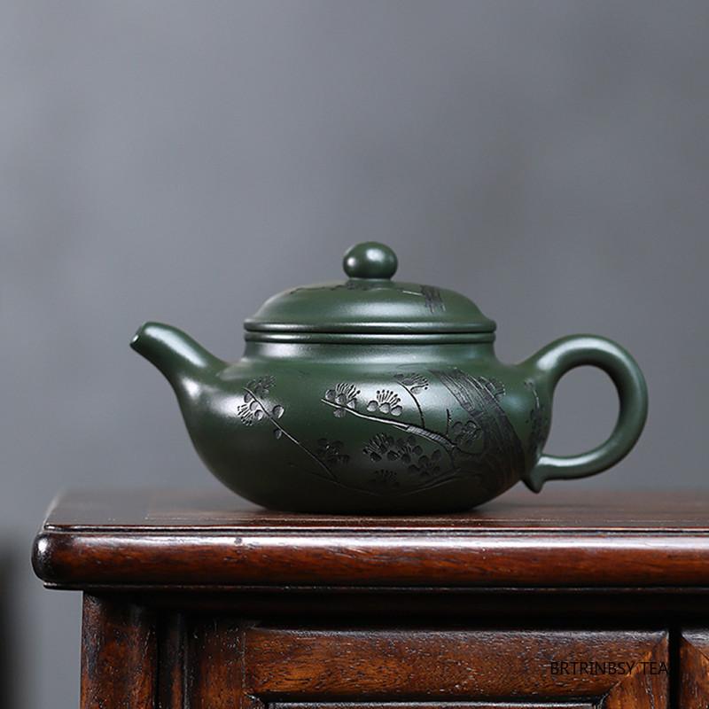 Chinese Yixing Handmade Purple Clay Teapot Hand-carved Plum Blossom Pattern Tea Pot Raw Ore Green Mud Kettle Zisha Tea Set 300ml