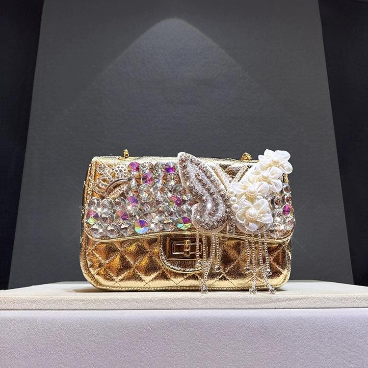 High-End Luxury Diamond Lattice Evening Clutch Bag for Women Handmade with 3D Butterfly Pearl Rhombus Design Shoulder Handbag