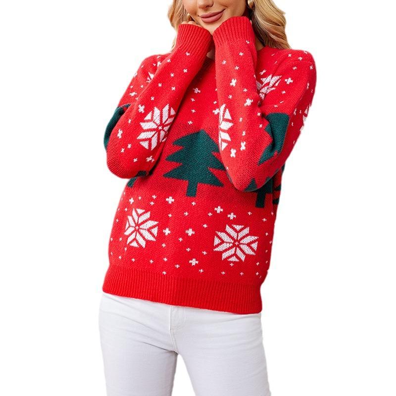 Casual Loose Round Neck Christmas Red Sweater Autumn Winter Women Christmas Tree Jacquard Pullover Knitted Sweater