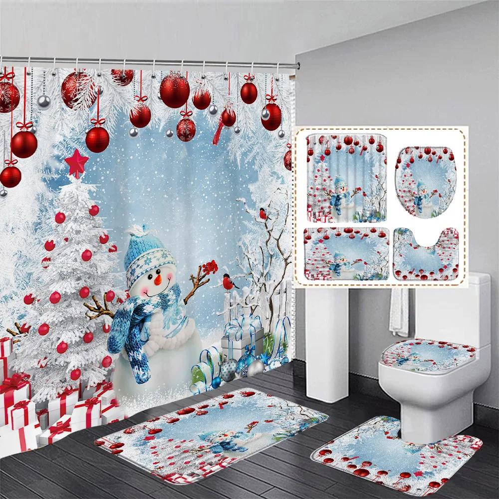Red Christmas Shower Curtain Set Funny Santa Claus Gift Green Pine Branches Xmas Balls Home Bathroom Decor Bath Mat Toilet Cover