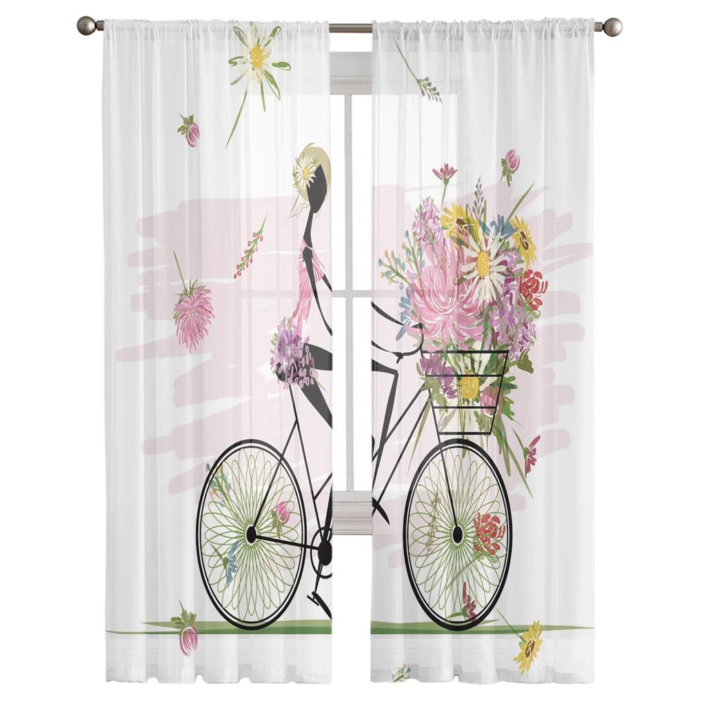 Fahrrad-Mädchen-Blumen-Cartoon-Vorhang für Schlafzimmer, Tüll-Voile-Vorhang für Küche, Wohnzimmer, Dekor, Fensterbehandlung
