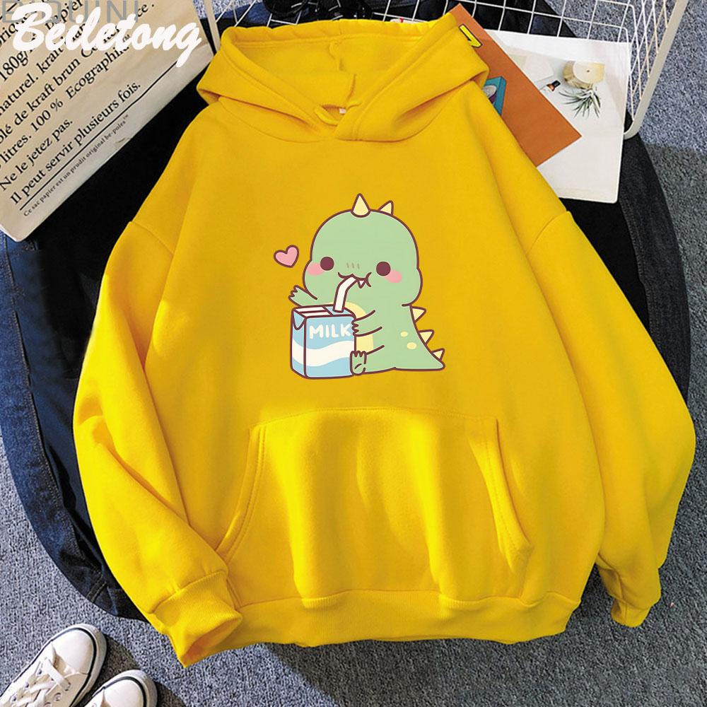 Dinosaur Oversized Tegneserie Dame Genser Hettegenser Søtt Trykk Kawaii Klær for Jente Pullover Casual Morsom Dame Harajuku Varm