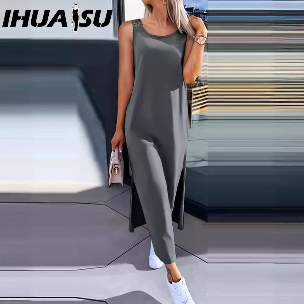

IHUASU Summer Simple Solid Color Back Lace Sleeveless Dress for Women XXL синій