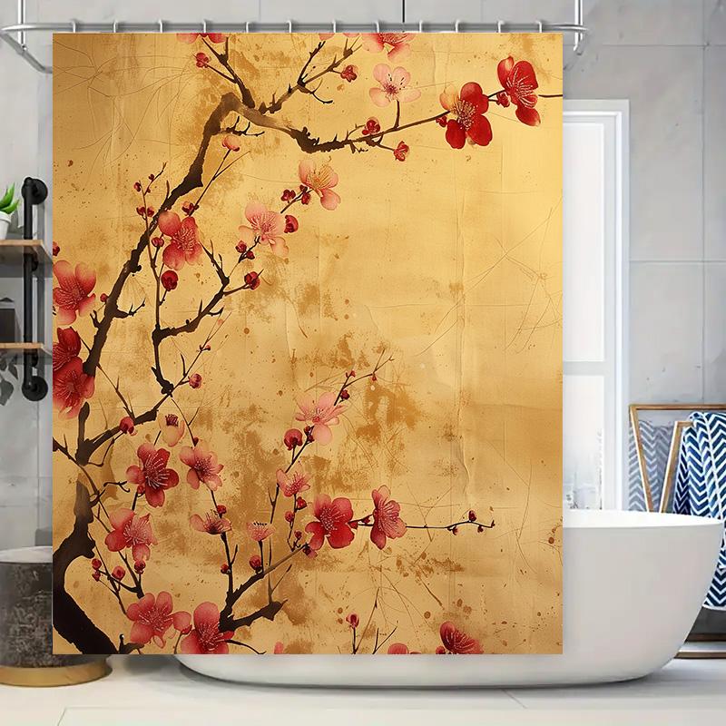 

Decorate Your Bathroom With A Touch Of Elegance: Modern Print Shower Curtain In Warm Gold Floral Design Perfect For Home Dcor W60H190(CM)-1 Pcs