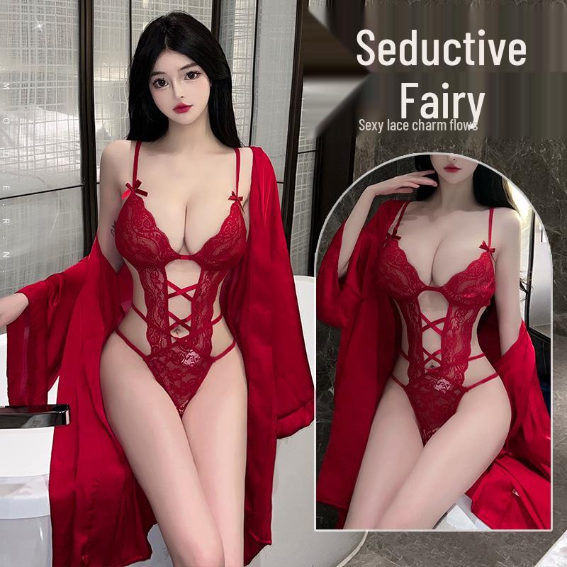 Seductive Lace Bodysuit & Nightgown Set: Tempting Hollow Design