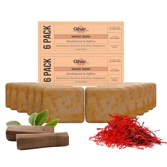 GHAR SOAPS Magic Soap Sandal Wood And Saffron Bath Soap For Glowing Brightening And Refreshing Skin Natural  and Grime (Pack of 12 (100 Gm)