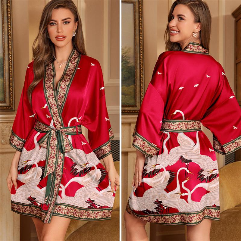 Bedruckter Pyjama aus Eisseide für Damen, Sommer, kühles Gefühl, kurzer Bademantel, Robe mit Schnürung, Homewear