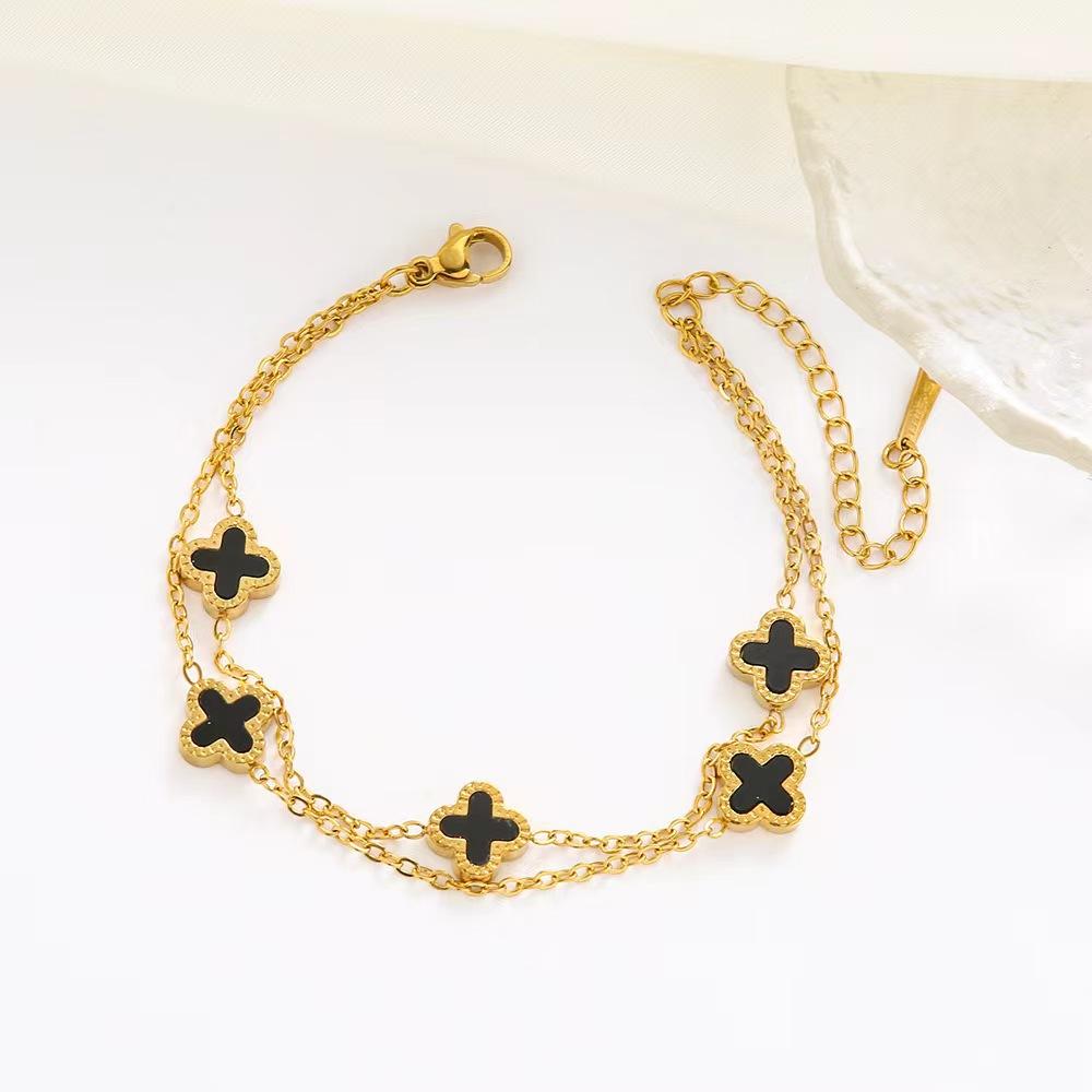 

Браслет из титановой стали с двойной цепочкой и клевером, покрытый 18-каратным покрытием, с изысканным шармом, водонепроницаемый и устойчивый к поту чёрный