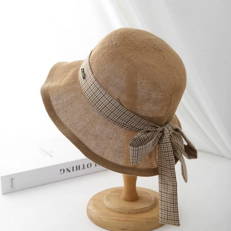 Spring and Summer Thin Breathable Fisherman's Hat Children's Fashion Plaid Bow Big Eaves Hat Sunshade Sun Hat