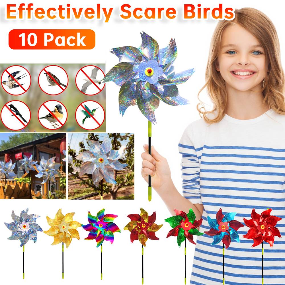 10 Pack Sparkly Bird Repellent Rotating Windmill with Stakes Extra Sparkly Pinwheel Bird Repellent Devices for Garden Yard Decor