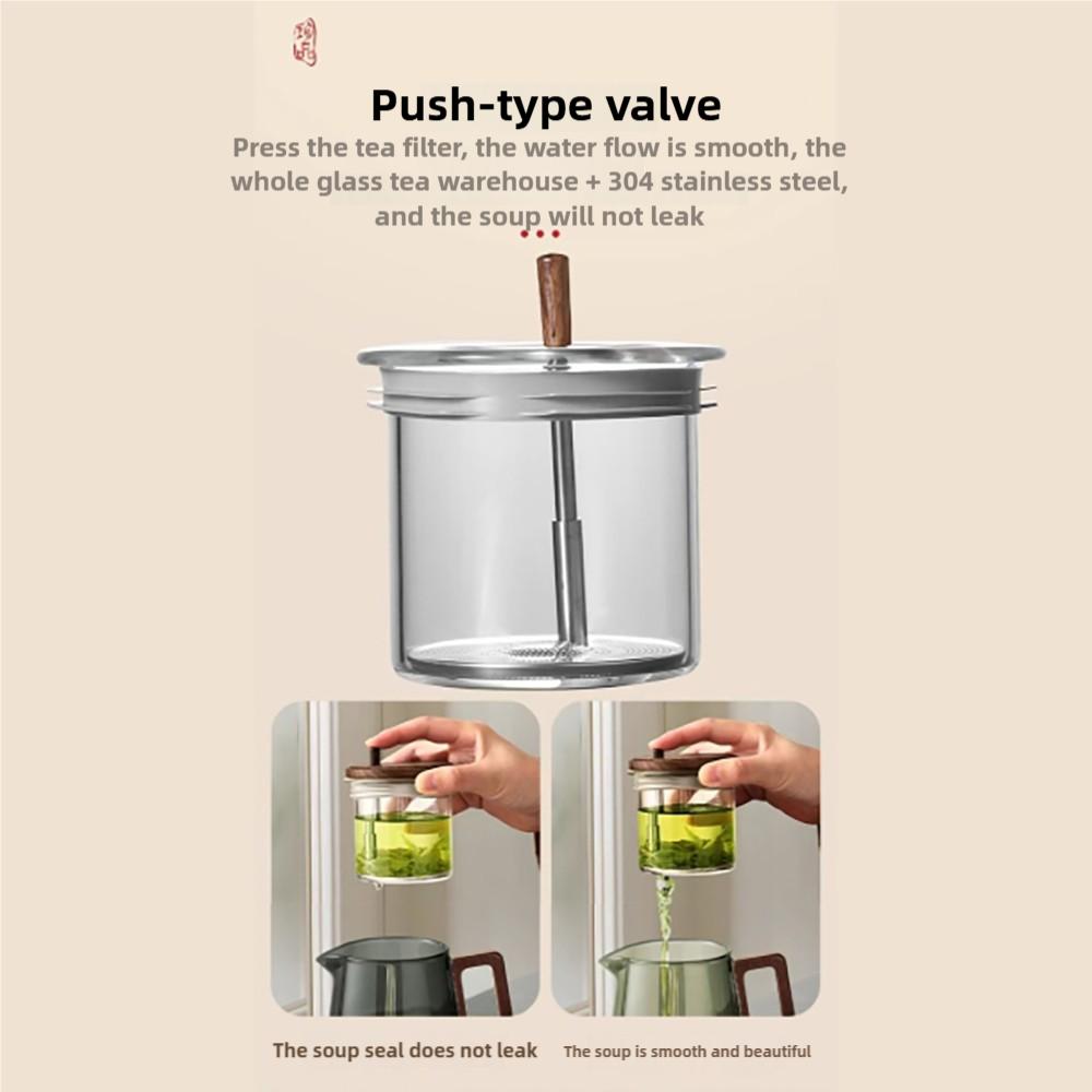 650ML Glass Tea Pot Kettle Infuser One Click Switch Heat-resistant Teapot Water Separation Inner Tea Filtration Wooden Handle