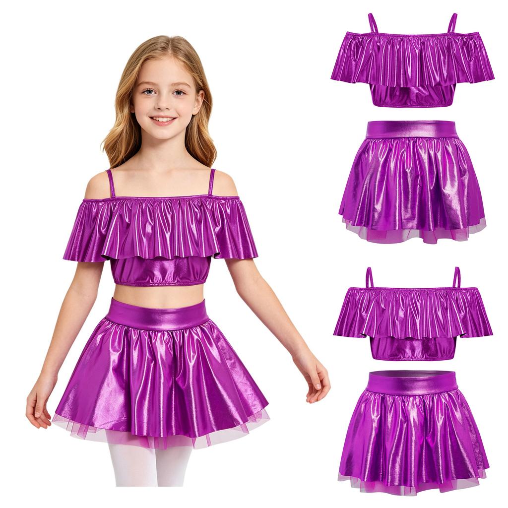 Girls Dancewear Off Shoulder Sleeveless Metallic Ruffle Crop Top and Shiny Tutu Skirt for Stage Competition Party Wear