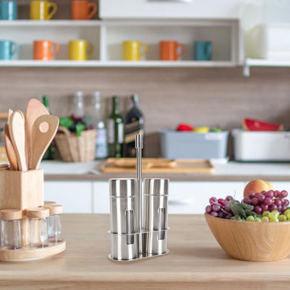 2pcs With Base Stand Salt And Shakers 304 Stainless Steel Spice Dispenser Set  For Kitchen