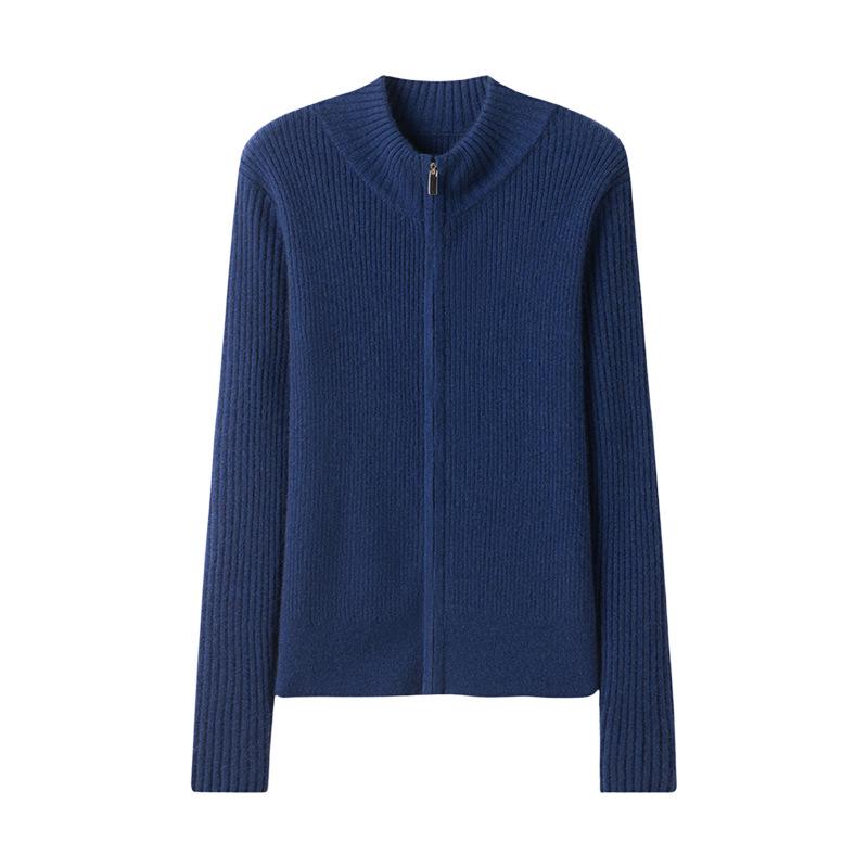 Lekasha Striped Cashmere Stand Collar Zip Cardigan