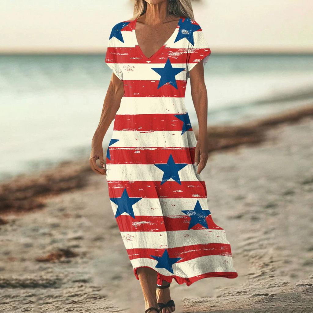 Women’s Maxi Dress V Neck Short Sleeve Loose Fit with Star and Stripe Printed Pattern for Casual Summer Wear