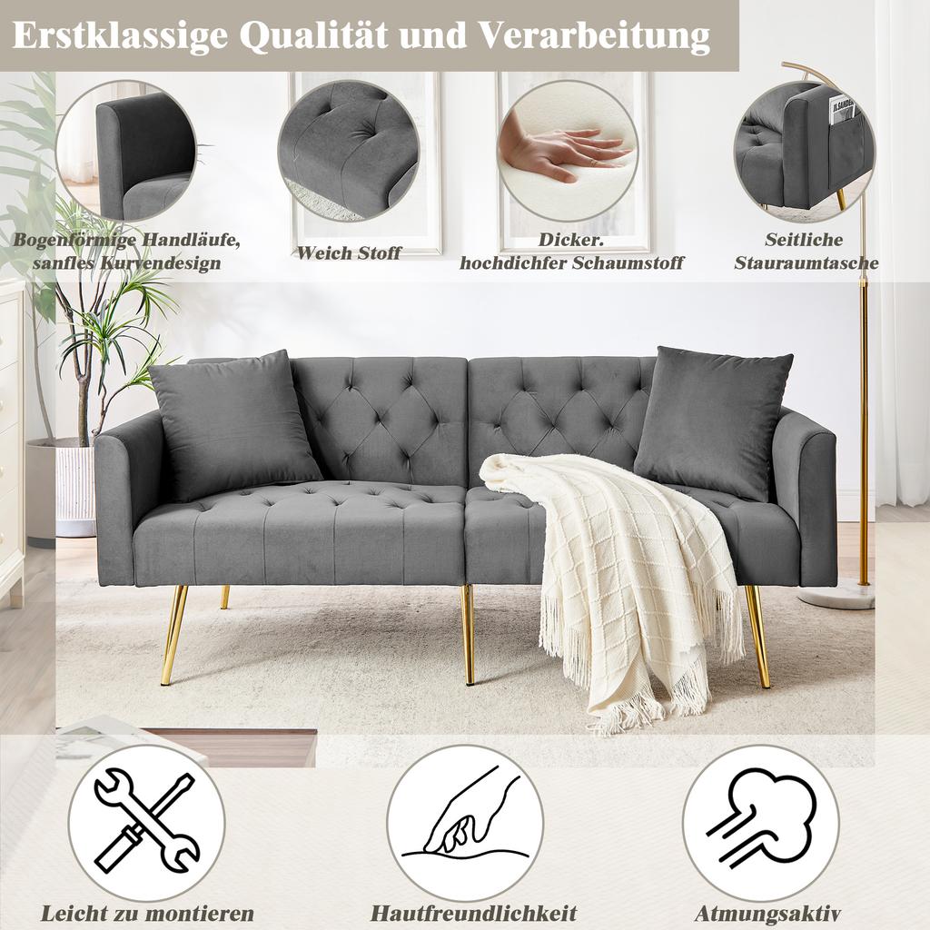 Modern Velvet Two-seater Sofa, 3-level Adjustable Backrest, 2 Included Cushions, Sturdy Metal Legs, Soft & Comfortable for Living Room, Gray