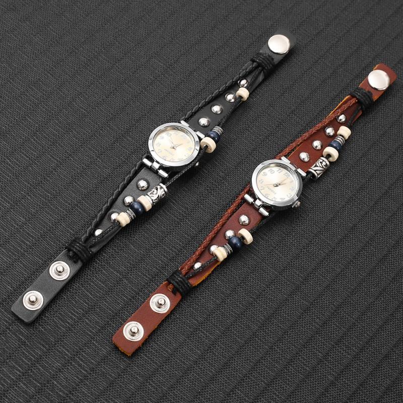 Vintage Leather Mens Wristwatch Punk Style Quartz Watch With Pull-Through Buckle Black Brown