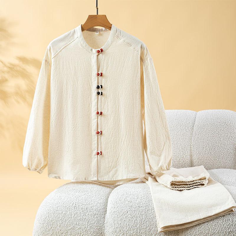 Cotton and linen pajamas women's autumn solid color stand-up collar new cotton and linen  retro cotton and linen loose loungewear set