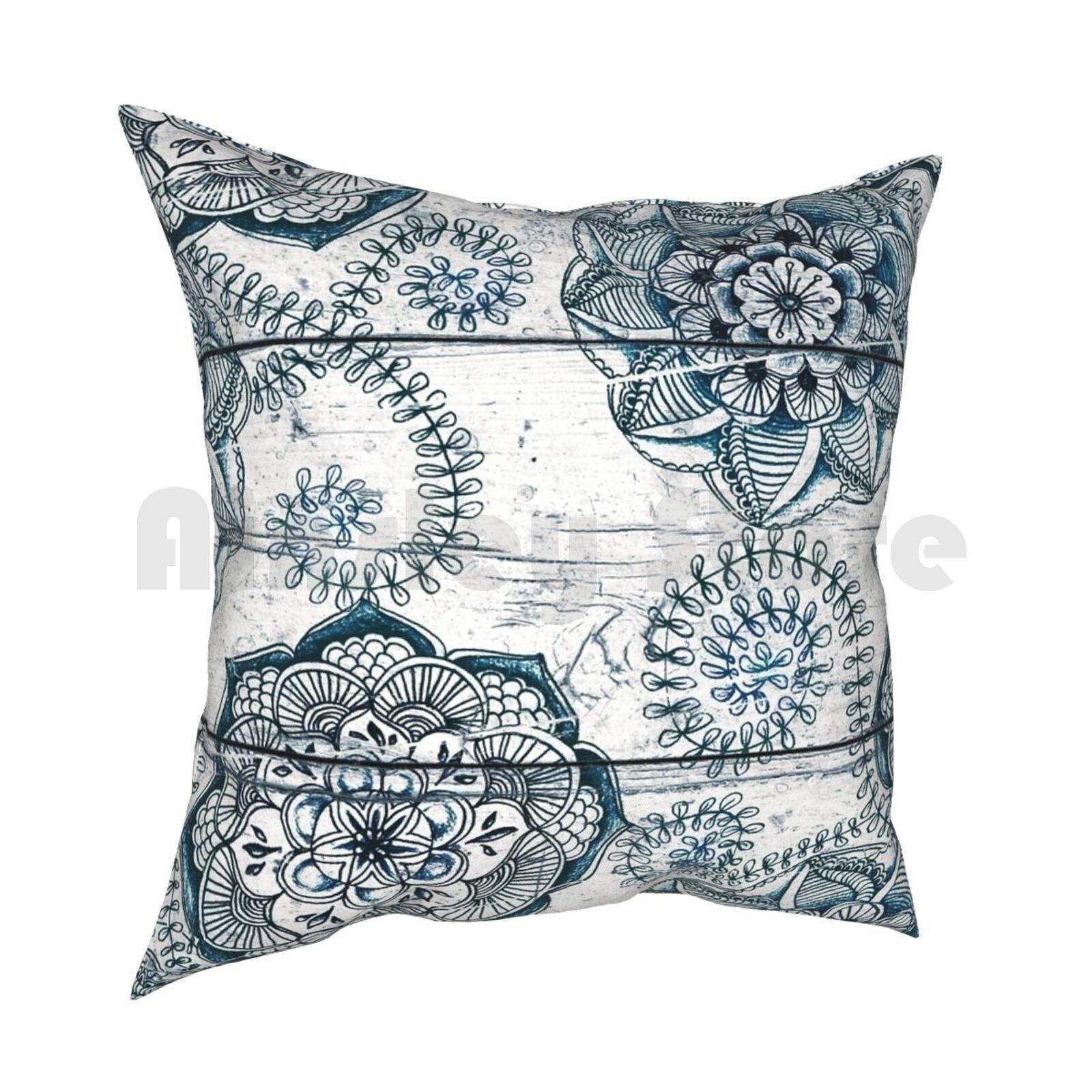 Shabby Chic Navy Blue Doodles On Wood Pillow Case Printed Home Soft Throw Pillow Micklyn Shabby Chic Wood Wooden Texture 30x30cm 12x12in