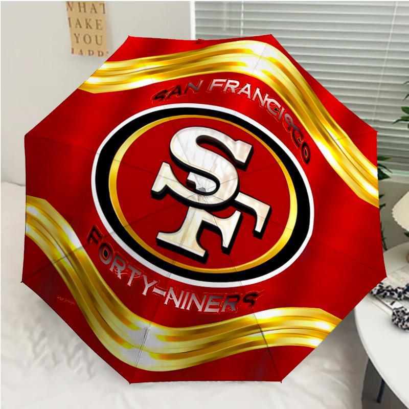 San Francisco 49ers LOGO Print Automatic Umbrella, 8 Rib Iron Frame, Plastic Handle, Suitable for Outdoor Travel &Daily , Ideal Gift