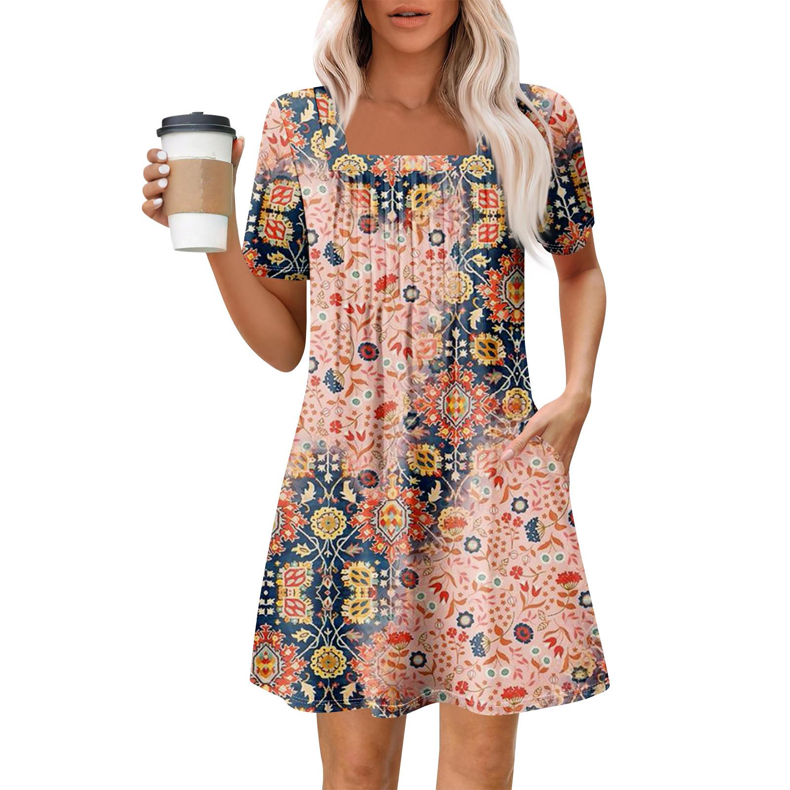 

Женские летние повседневные платья с квадратным вырезом, плиссировкой спереди и карманом, с короткими рукавами и принтом XXXL розовый