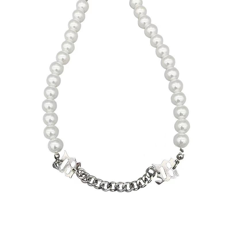 

M letter splicing pearl necklace men and women trendy hip hop choker titanium steel collarbone chain accessories women