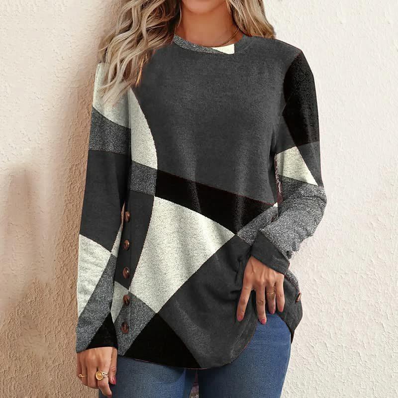 Button Up Geometric Clash Long Sleeve Print Loose T-shirt Women's Top