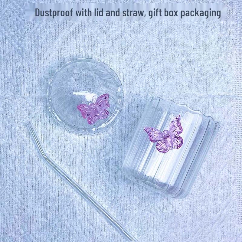 Butterfly Stripe Glass Straw Cup