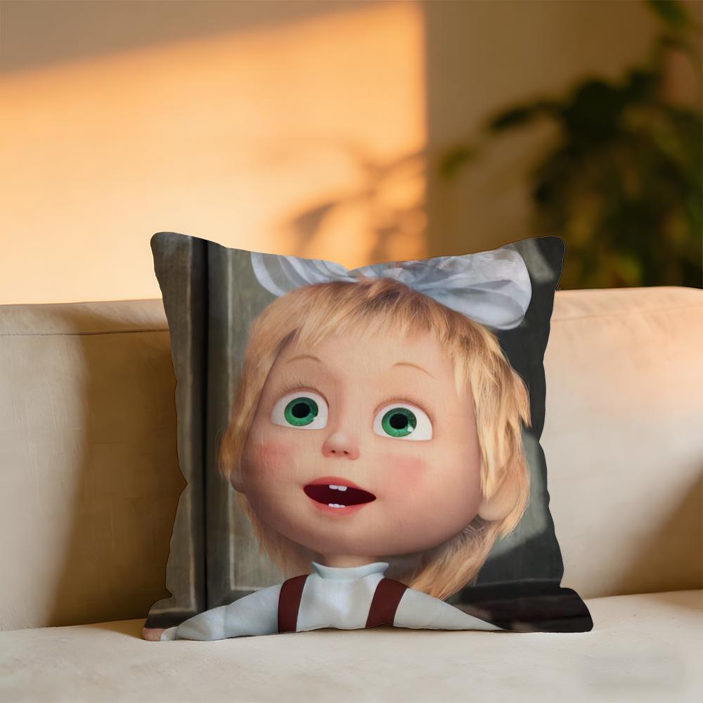 Masha And The Bear Cushion Cover Cozy Velvet Throw PillowSoft Warm Cushion For Sofa Bed