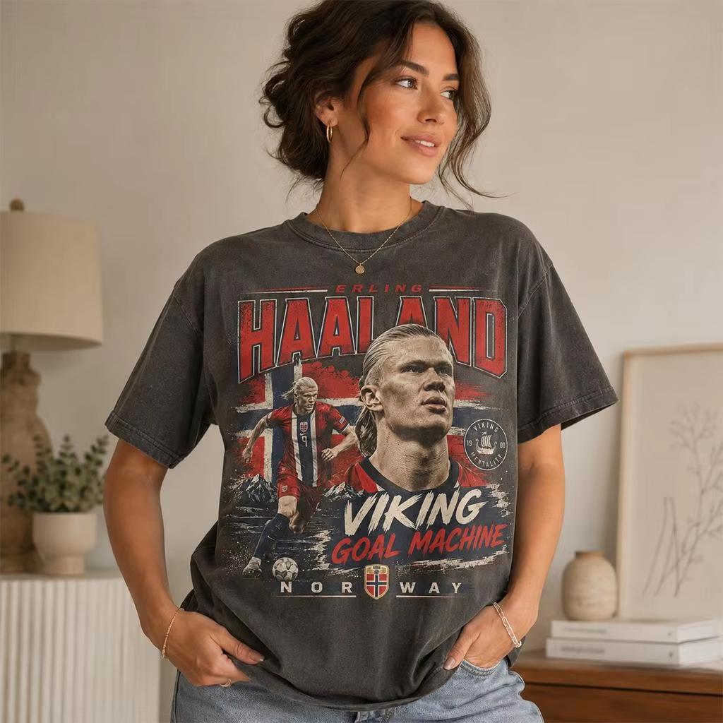 Unisex Cotton Football Streetwear T-Shirt, Garment Washed Vintage Erling Haaland Viking Goal Machine Portrait Graphic T-Shirt