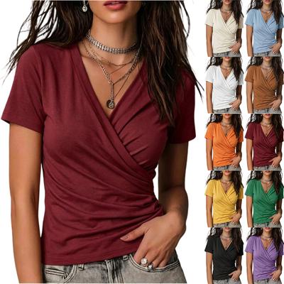 Damen Kreuz V-Ausschnitt Raffung Kurze Ärmel T-Shirt Lässiges Oberteil Dehnbarer Weicher Stoff Figurbetont Leicht Sommerbluse