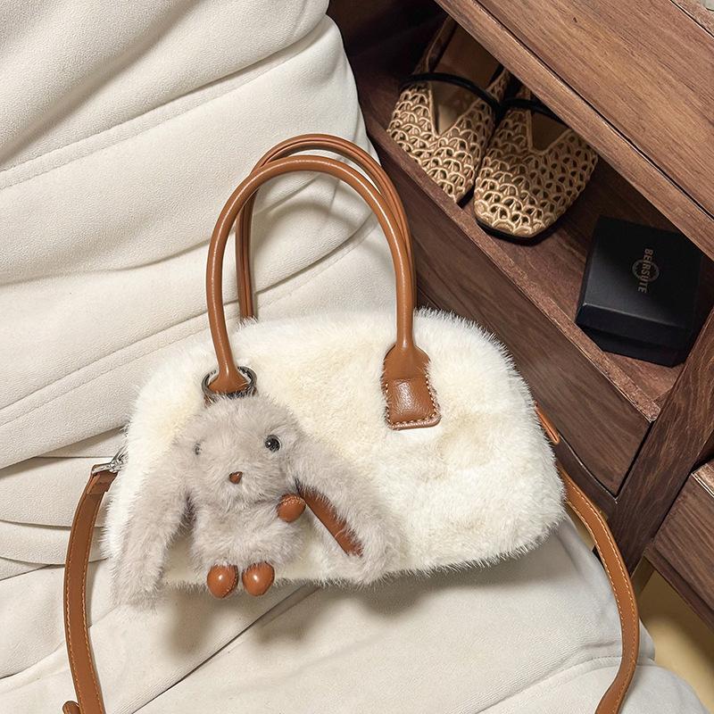 Solid Color Faux Fur Women's Small Shoulder Bag Simple Handle Crossbody Bag Casual Female Clutch Purse with Cute Rabbit Pendant