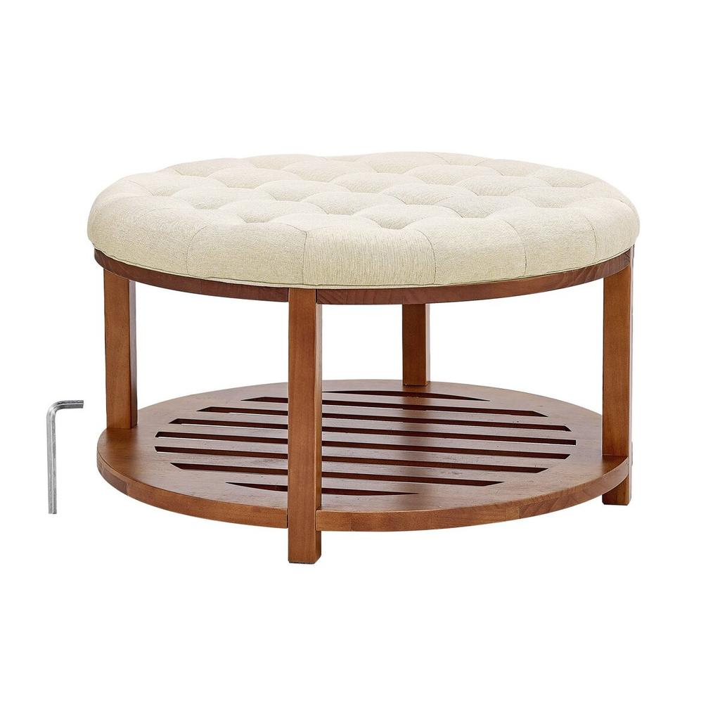Large Round Ottoman Coffee Table, 81 cm Tufted Coffee Table with Solid Wood Shelf Storage, Linen Solid Upholstered Footrest Ottoman for Bedroom Living