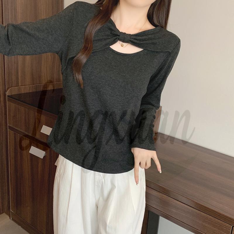 2026 Spring Plus Size Women s Hollow-out Bowknot Slimming Long Sleeve Top 4XL темно-серого