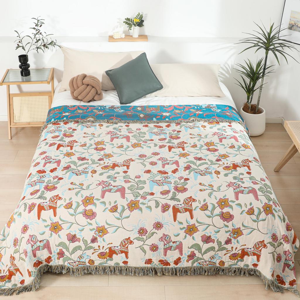 Floral Throw Blanket, For Sofa Bed, Bedspread, Slipcover, Multifunction, 4-Layer Gauze Cotton, High Quality, 200*230Cm