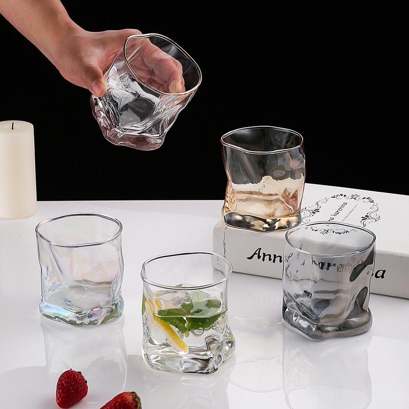 280ml Glass Irregular Cups Creative Twisted Grain Cup Abnormal Shape Frosted Transparent Golden Edge Whiskey Glass Wine Glasses