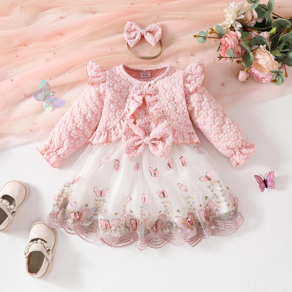 Conjunto Doce de Malha para Menina Infantil: Jaqueta de Manga Comprida, Vestido Colete Borboleta e Faixa de Cabelo para Outono/Inverno.