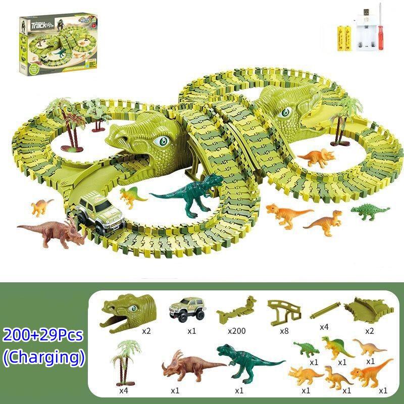 Dinosaur Race Track Set Rail Car Toys Assembly Bend Flex Racing Track Led Electronic Flash Light Car Toys for Children Years Gift