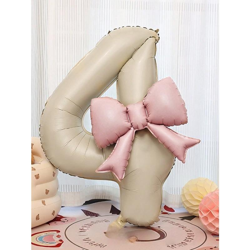 Extra Large Cream White Number Foil Balloons With Pink Bow, Suitable For Birthday Party Decoration, Anniversary Celebration