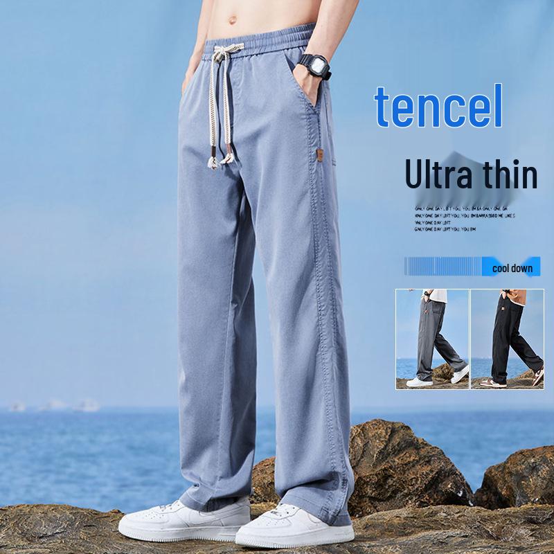 Men's Summer Tencel Jeans: Lightweight, Loose-Fit Straight-Leg Drawstring Sports Shorts, Trendy Workwear Casual Nine-Point Pants