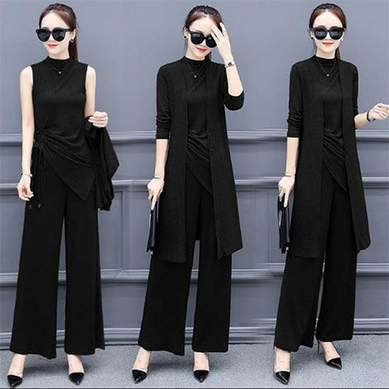 Plus Size Women's Slimming Wide-Leg Pants Suit Set - Spring/Autumn 2026 Style, Semi-High Neck, Casual Three-Piece.