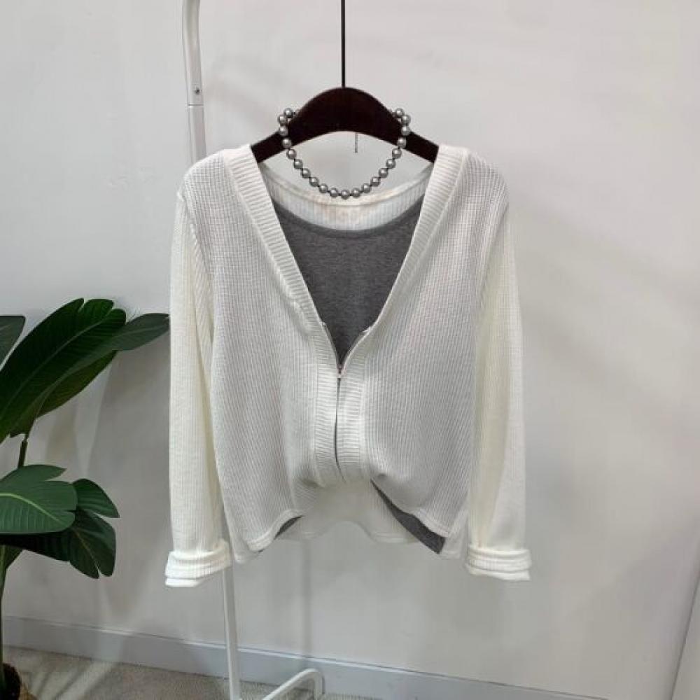 C S In The Room Women Zip Up Cardigan Layered Round neCk Long Sleeve Knit 2Color
