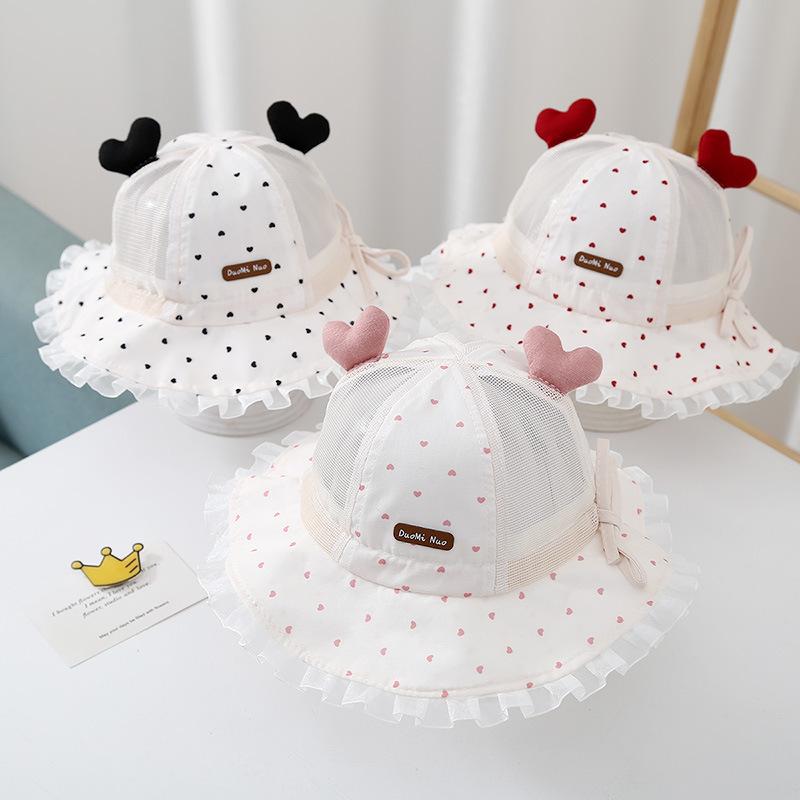 Baby Mesh Bucket Hat Summer Thin Sweet Girls Fisherman Hat Infant Toddler Cute Love Sun Protection Basin Caps For Baby 1-3Years