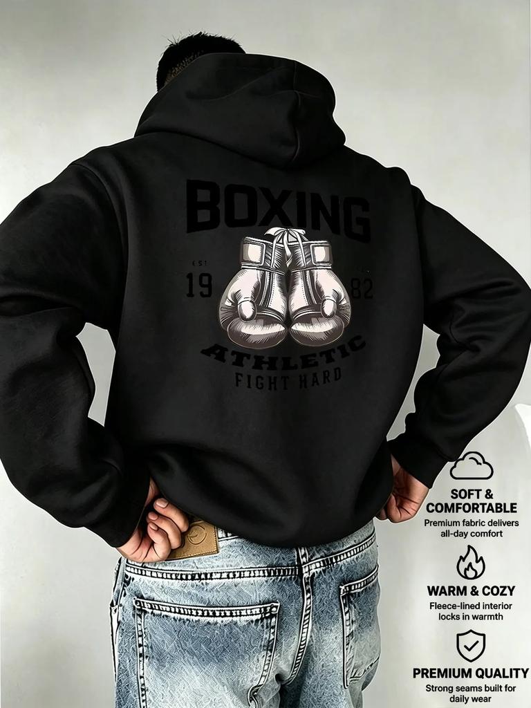 Pánská mikina s kapucí na boxování Boxerský grafický podzimní fleecová mikina Fitness atletická sportovní vintage streetové oblečení volný svetr
