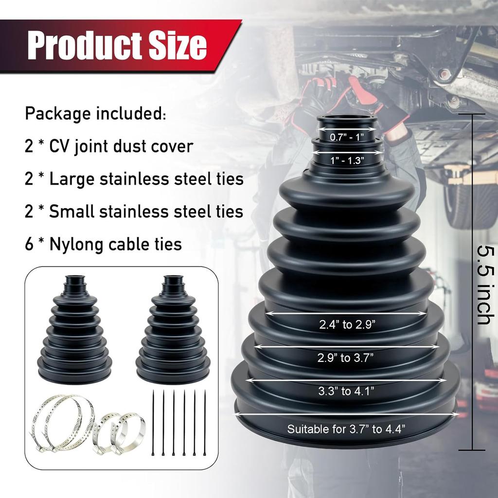 Upgrade 2PCS CV Boot CV Axle Boot Thickened Neoprene Rubber Material With 4 Stainless Steel Clamps & 6 Cable Ties Universal CV Joint Boot Fits Shaft