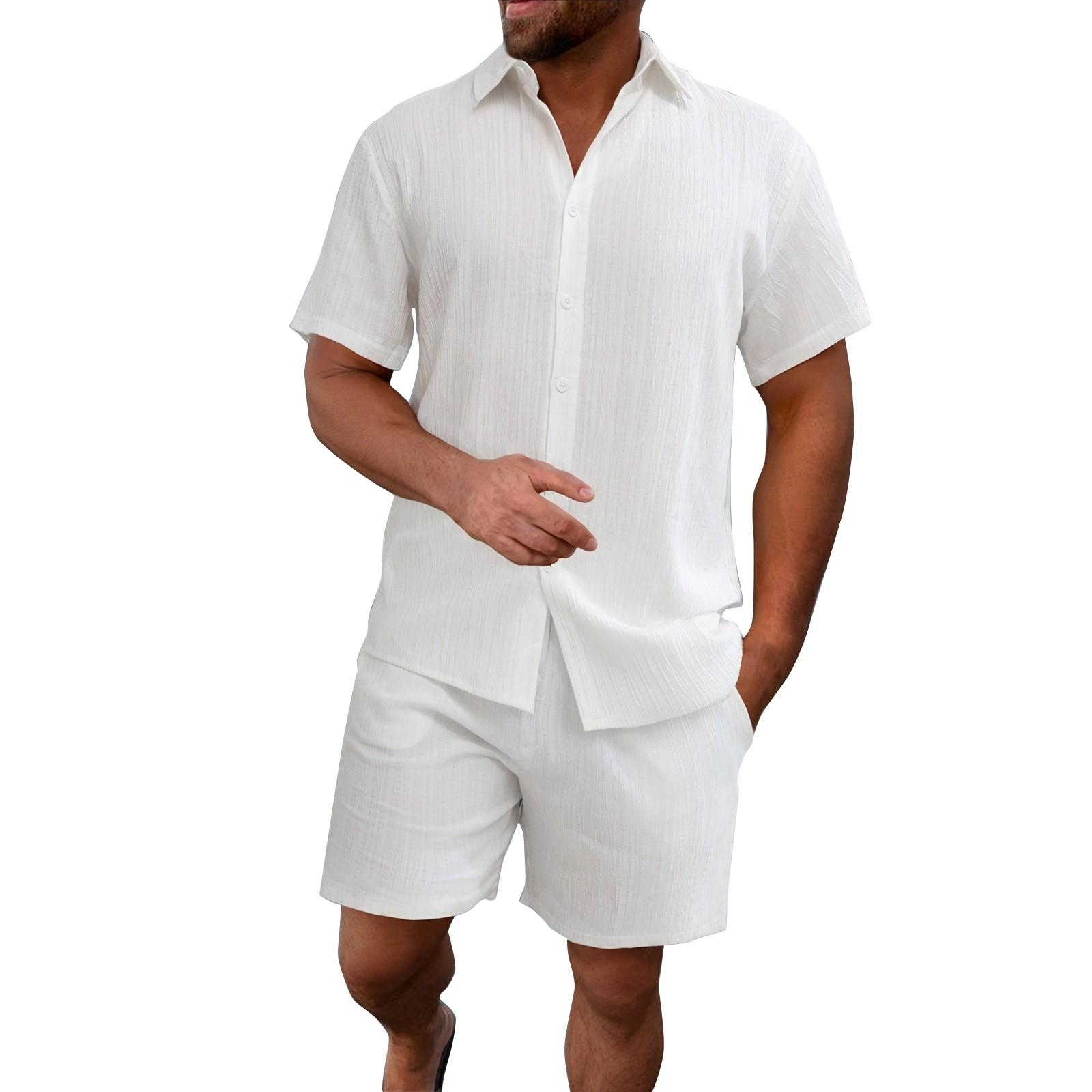 

Мужской летний комплект из рубашки и шорт в гавайском стиле с однотонной полоской и текстурированными пуговицами XL белый