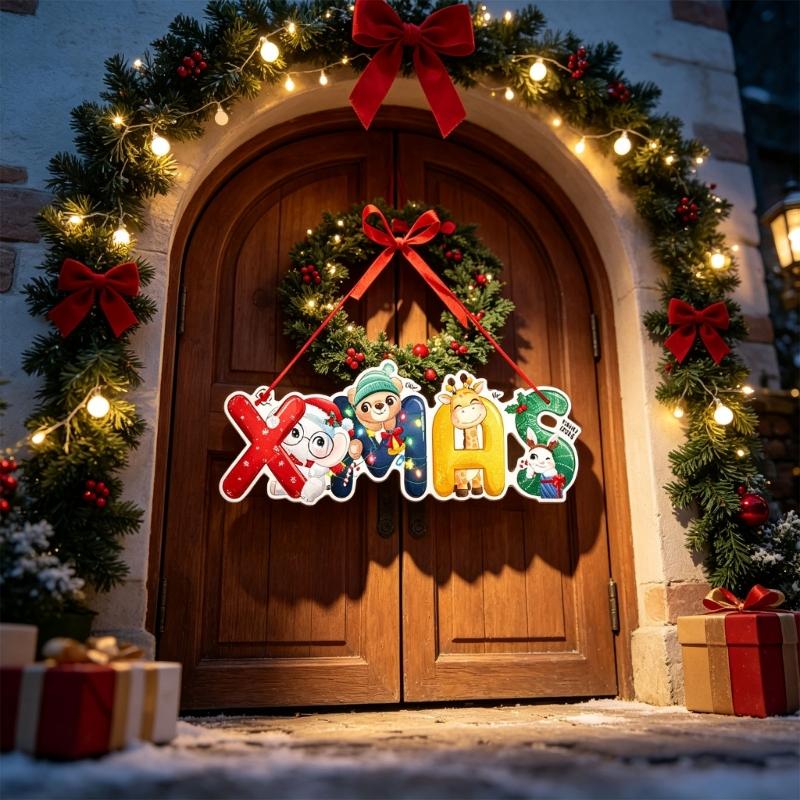 6 Set of Assorted Paper Christmas Door Hanging Decorations with Hanging Ribbons and Santa, Truck, Holiday Characters, and Sign Motifs