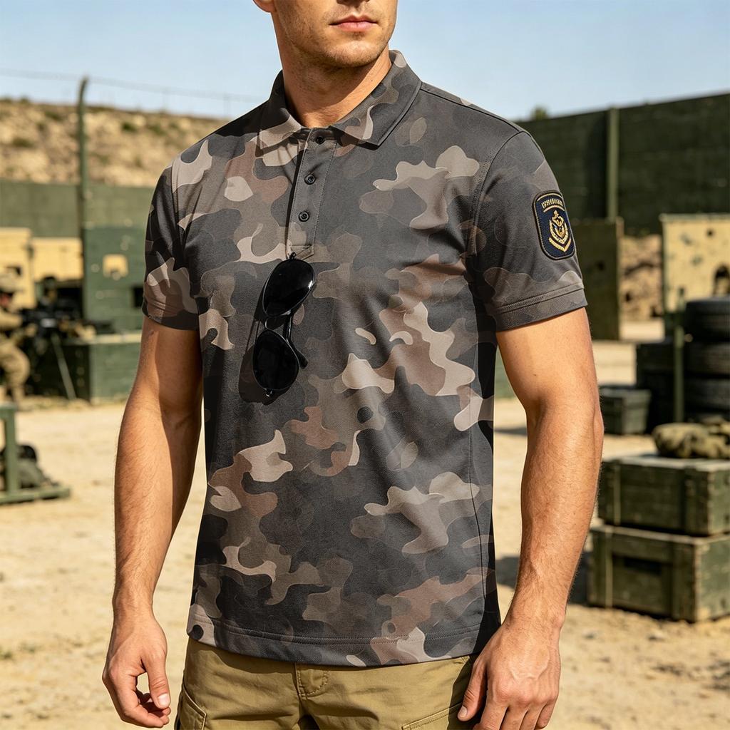 Men Tactical Polo Shirt Loose Fit Short Sleeve Breathable Outdoor Quick Dry Camouflage Print Velcro Patch Design Lapel Collar Top