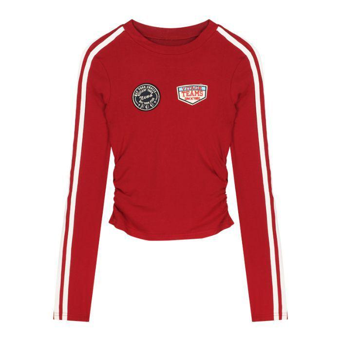 Women s Retro Red Embroidered Striped Long Sleeve Slim Fit Top Extra Large красный